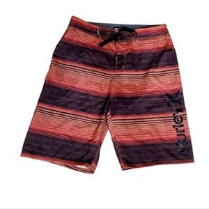 HURLEY Tangerine Red Black Stripe Men's Boardshorts Size 30 Swim Shorts